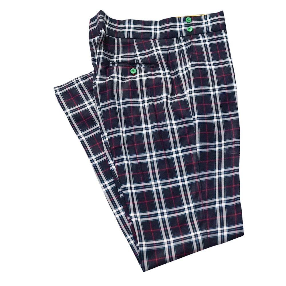 Mens Gurkha Pants 36 Navy Red Plaid High Waist Flat Front Slim Fit Trousers